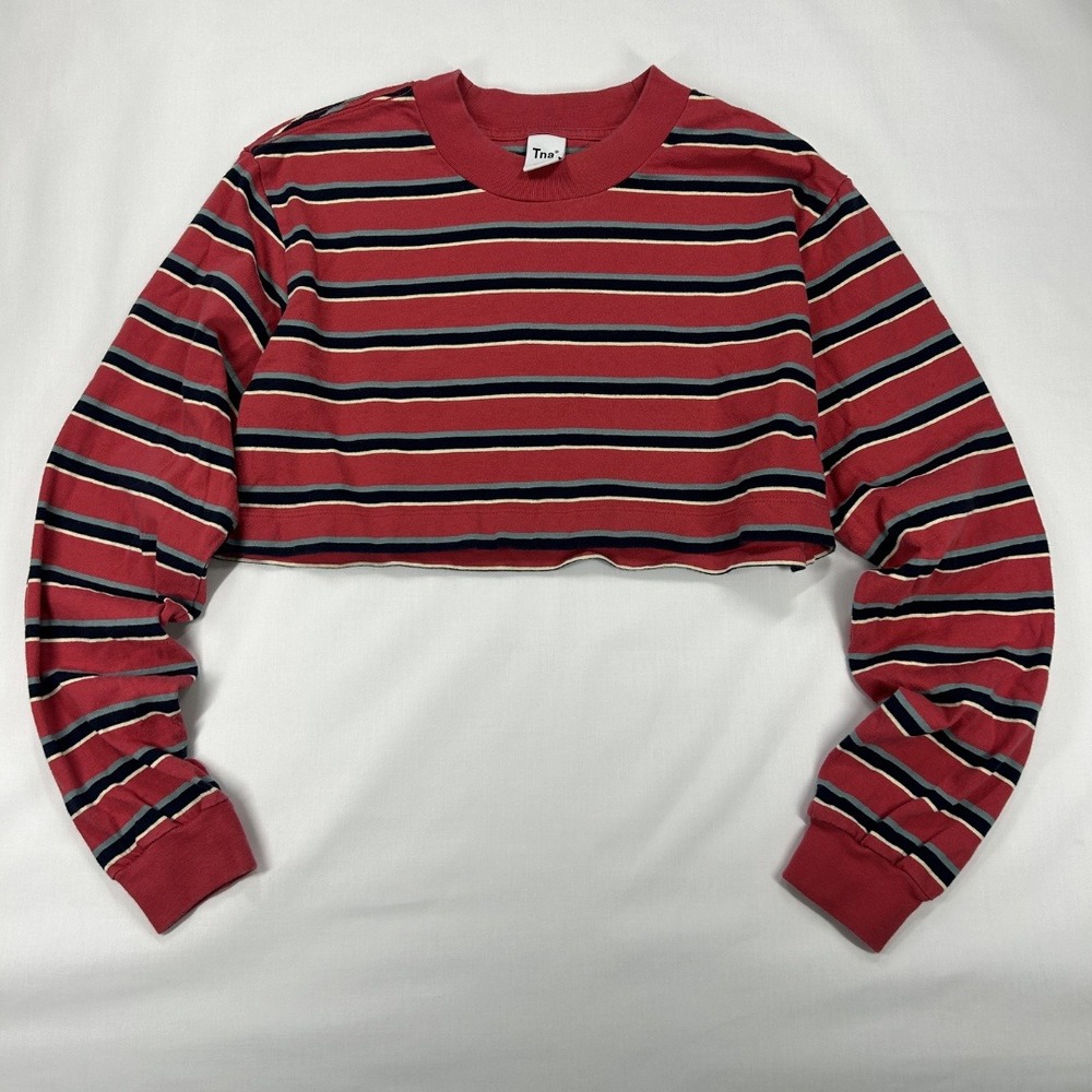 Tna Preloved Woman's Long Sleeve Cropped Tee Extra Small Striped Red And Navy